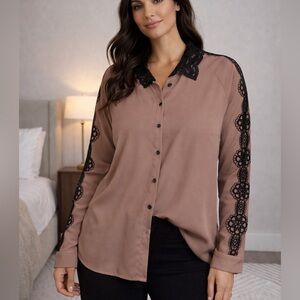 0237. Elegant Lace Trim Brown Blouse